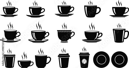 Flat vector illustration, fifteen coffee cup mug silhouettes, steaming drinkware designs, black white artwork, diverse kitchen utensil concept