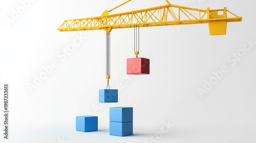 Yellow crane lifting a red cube, stacking blue cubes on a white background