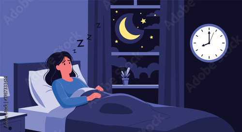 Insomniac young woman lying awake in bed at night looking at the moon and stars through the window with a clock showing 8pm.