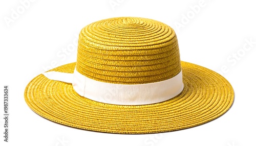 This isolated shot displays a yellow, straw sun hat. It features a flat crown, wide brim, and a white ribbon encircling the base