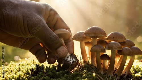 Golden Hour Harvest Hand-Picking Organic Wild Mushrooms in Sunlit Forest
