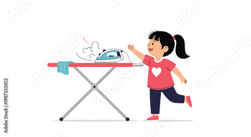 Curious little girl reaching for a hot steaming iron on an ironing board as a warning for household safety and child danger.