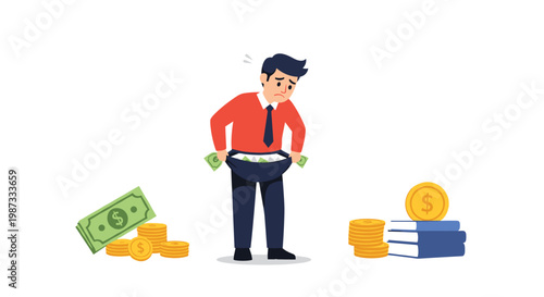 Sad businessman in a red shirt and tie showing empty pockets next to stacks of money and books representing financial crisis.