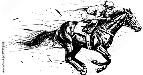 Horse Racing Jockey Riding Fast Racehorse Dynamic Motion Black and White Ink Illustration