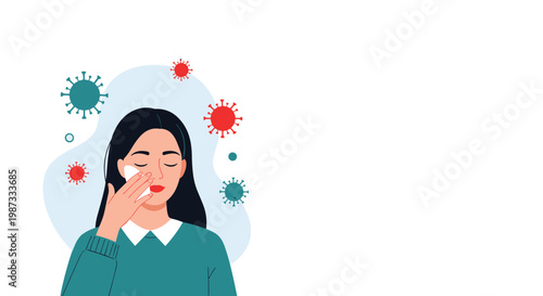 Young woman cleaning her face with a tissue surrounded by virus icons representing skin infection or hygiene protection.