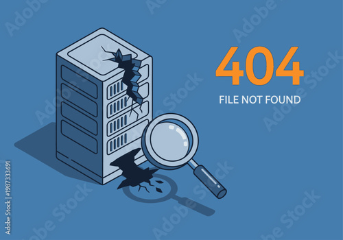 404 File Not Found Error Illustration with Broken Isometric Server Rack and Magnifying Glass