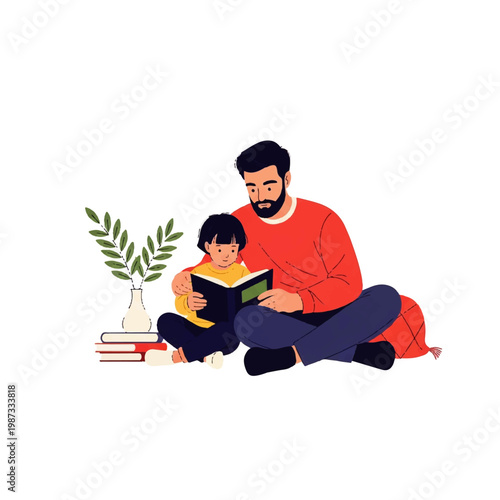 Vector flat design illustration of a father and child reading a book together, promoting literacy and family bonding