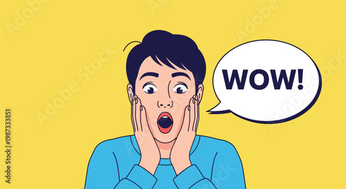 Surprised young man holding his face in shock with wide eyes and a wow speech bubble against a bright yellow background.