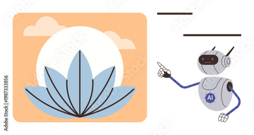 Artificial intelligence, mindfulness, technology presentation, floral symbolism, digital teaching, self-awareness. A robot pointing to a blue lotus against a sunrise. Mindfulness and artificial