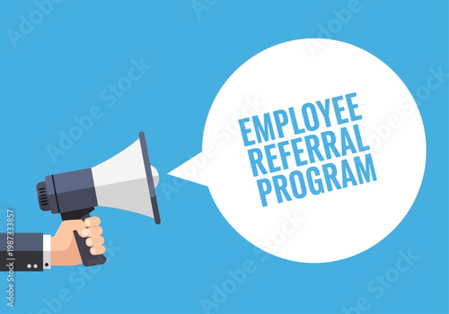Employee Referral Program Announcement with Megaphone. Flat Vector Illustration of Human Resources Recruitment Strategy, Hiring Concept, and Job Vacancy Promotion on Blue Background.