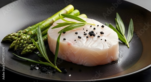 Halibut Steak on Dark Ceramic Plate – Michelin-Style Raw Seafood with Asparagus and Tarragon