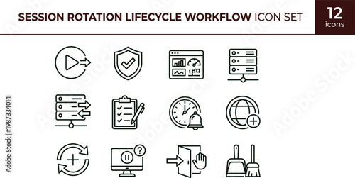 Session rotation lifecycle workflow outline cybersecurity icon set illustrating credential rotation automation validation monitoring refresh cycles and authentication infrastructure processes