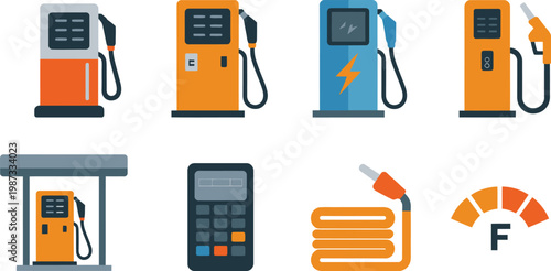 Gas station vector, illustration, flat style design featuring fuel pumps dispensers and service station elements for modern transportation and energy concept graphics.