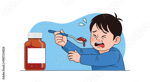 Distressed young boy cries while refusing to take a spoonful of cough syrup from a medicine bottle on a blue background.