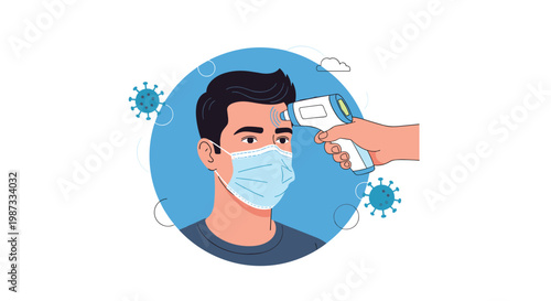 Hand uses an infrared thermometer to check the temperature of a man wearing a protective face mask during a virus outbreak.