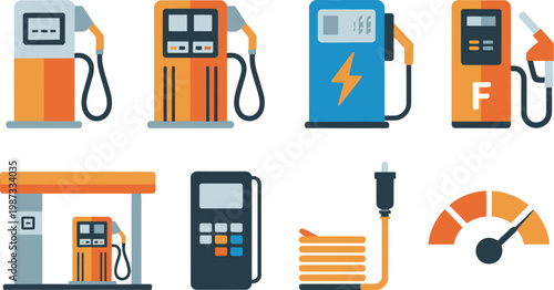 Gas station vector, illustration, minimalist flat design of fuel pumps and dispensers representing petroleum service station and automotive energy infrastructure.