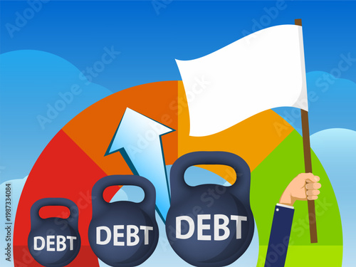 Credit score scale behind loan weights. Businessman holding a white flag. Vector illustration.