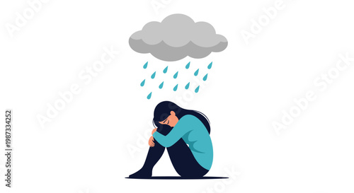 Depressed woman sits alone on the ground with a dark raining cloud over her head to illustrate sadness and mental health issues.