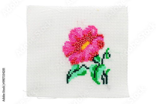 Cross-stitch embroidery on light fabric, macro, top view.