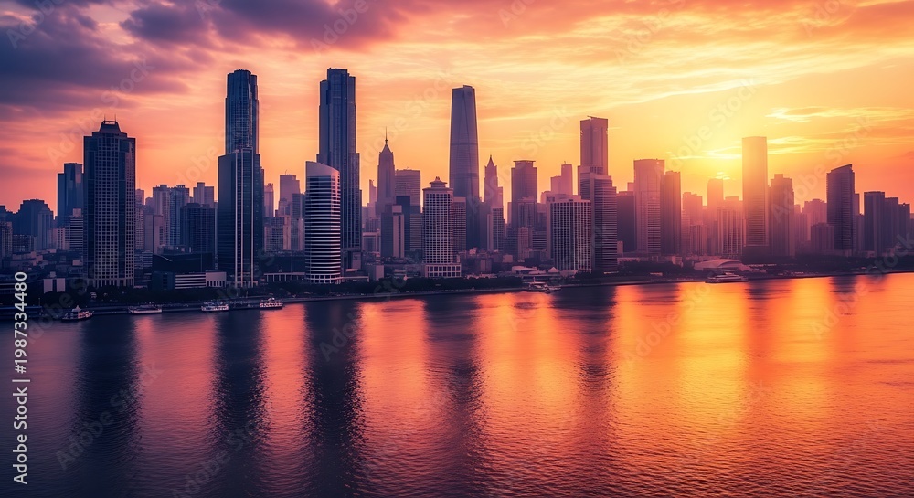 Fototapeta premium Golden Sunset Over Modern City Skyline by River