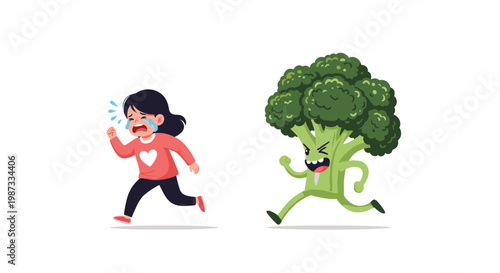 Frightened young girl runs away crying while a giant angry green broccoli character chases her to depict a dislike of vegetables.