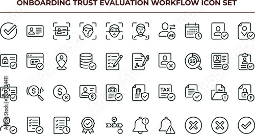 Onboarding trust evaluation workflow outline cybersecurity icon set illustrating identity validation document approval compliance screening and secure registration verification processes