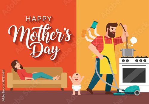 Happy Mother's Day Concept: Multitasking Father Doing Housework and Cooking While Mother Relaxes on Sofa - Vector Illustration