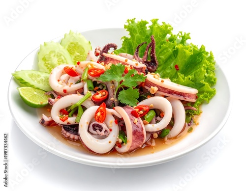 A close-up view of a seafood dish featuring squid rings, vibrant chilies, fresh herbs, and greens, served on a white plate