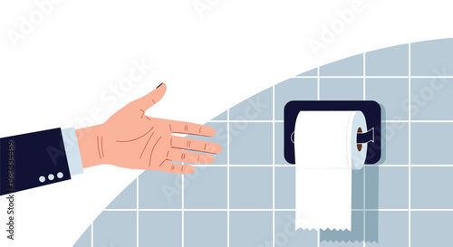 Hand in a business suit reaches out toward a roll of toilet paper mounted on a blue tiled bathroom wall in a clean environment.