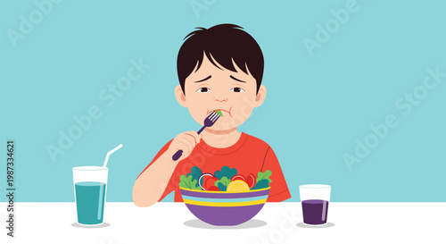 Young boy looks unhappy and hesitant while eating a bowl of fresh salad with vegetables at a table with two glasses of juice.