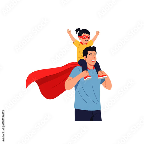 Vector flat design illustration of a father carrying his daughter dressed as a superhero on his shoulders, celebrating