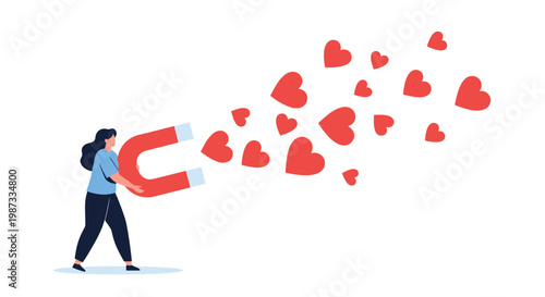 Young woman attracting many red hearts with a large horseshoe magnet representing love, dating, and social media popularity.