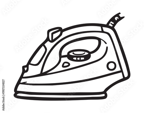 Electric iron line art on white, simple black outline illustration of steam iron with dial and cord, minimalist laundry concept, domestic chore icon for cleaning, wardrobe maintenance and fabric care