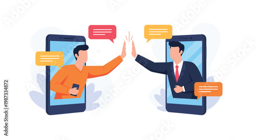 Two professional men in suits high-fiving through mobile phone screens representing successful remote collaboration and digital networking.