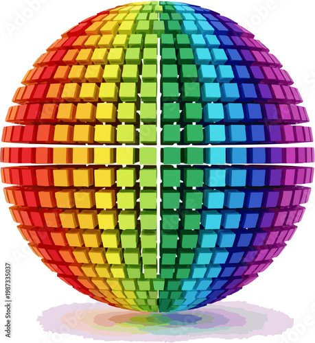 Abstract sphere composed of colorful blocks, representing digital data, technology, and interconnectedness