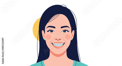 Close-up portrait of a happy young woman with dark hair smiling broadly and showing her dental braces for teeth alignment.
