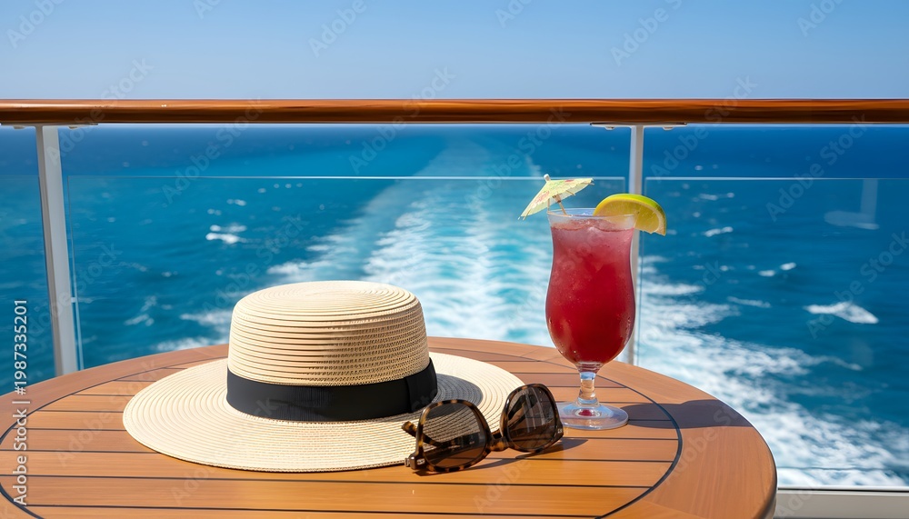 Obraz premium Luxury cruise vacation concept with a summer cocktail, sunglasses, and straw hat on a ship balcony overlooking the ocean during the tourist season