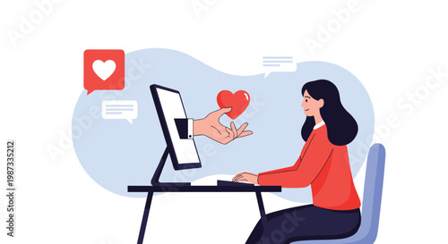 Young woman sitting at a desk and receiving a red heart from a hand coming out of a computer screen in a social media concept.