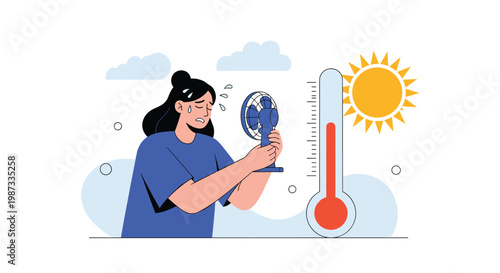 Sweaty young woman feeling hot and holding a small electric fan next to a large thermometer showing high temperature.