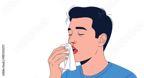 Close-up of a young man using a white tissue to stop a nosebleed or epistaxis with a drop of blood visible.