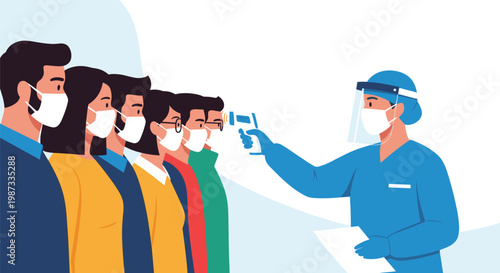 Medical professional in protective gear checking the temperature of a line of people with an infrared thermometer for safety.