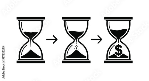 Black and white sequence of three hourglasses showing time passing and turning into a dollar sign inside the last one.