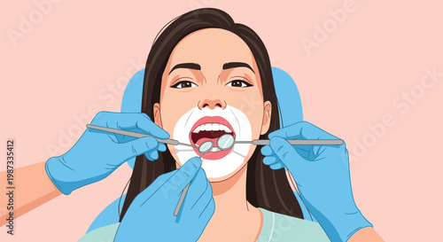 Professional dentist wearing blue gloves using a mirror and tools to examine the teeth of a young female patient in a chair.