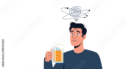 Confused and dizzy young man holding a glass of frothy beer with swirling orbits and stars around his head.