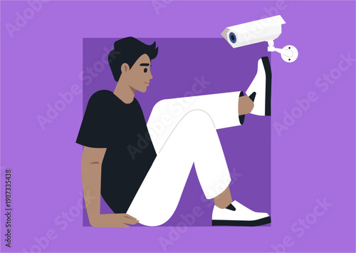 Character sits on the ground in casual attire, feeling the weight of being observed by a CCTV camera overhead, This scene captures the tension of privacy loss in a contemporary world.
