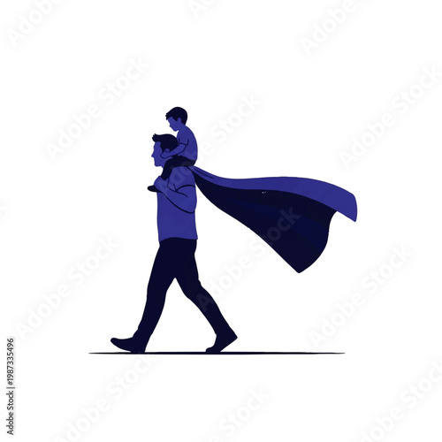 Vector flat design illustration of a father carrying his son on his shoulders, both wearing a superhero cape