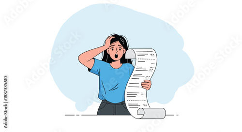 Surprised woman holding a very long receipt or bill with a shocked expression on her face in flat vector illustration.