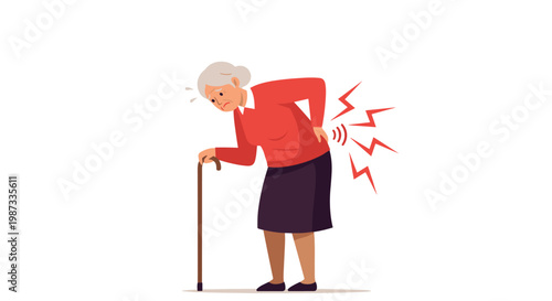 Elderly woman holding her lower back in severe pain while leaning on a walking stick in flat vector illustration.