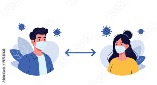 Man and woman wearing medical masks and keeping social distance to prevent virus spread in flat vector illustration.