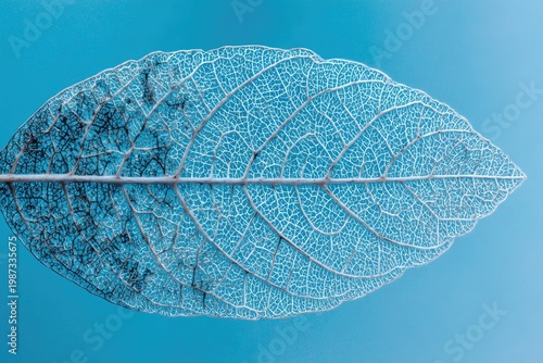 Delicate leaf skeleton with intricate veins on a soft blue background